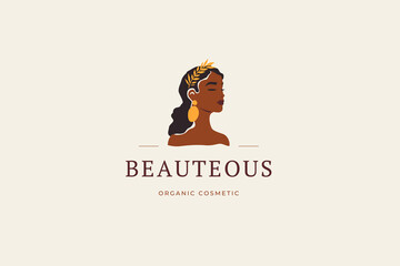 Beautiful African woman elegant jewelry portrait boho logo design template vector flat