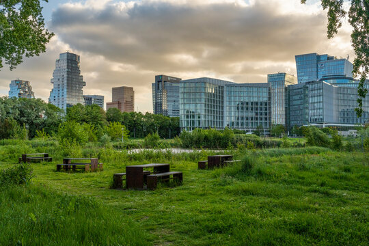 Amsterdam, The Netherlands, 23.05.2023, Residential complex The Valley, Symphony office tower and World Trade center Amsterdam, iconic landmarks in Zuidas business district