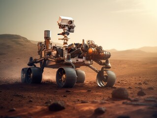 Rover on Mars surface. Exploration of red planet. Created with Generative AI technology.