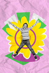 Vertical collage image of overjoyed black white gamma boy jumping raise hands big daisy flower isolated on paper violet background