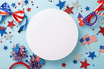 Obraz premium Get ready for a grand Independence Day party with symbolic party accessories: top view headband, party eyeglasses, bow-tie. Pastel blue backdrop features glittering stars and blank circle for text