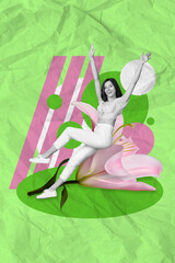 Vertical collage image of cheerful mini black white effect girl sit huge fresh lily flower isolated on painted green paper background