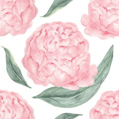 Pink Peony Flowers and Leaves Seamless Pattern. Wet in Wet Watercolor. Hand-drawn botanical illustration  for wallpaper, banner, textile, postcard or wrapping paper