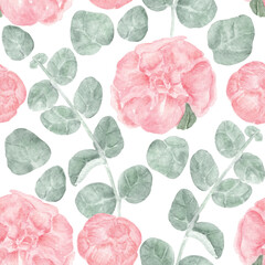 Pink Peony Flowers and Eucalyptus Leaves Seamless Pattern. Wet in Wet Watercolor. Hand-drawn botanical illustration  for wallpaper, banner, textile, postcard or wrapping paper
