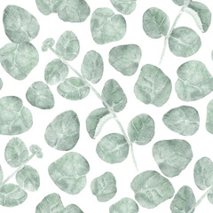 Blue-green Eucalyptus Leaves and Branches Seamless Pattern. Watercolor in Wet in Wet. Hand-drawn botanical illustration  for wallpaper, banner, textile, postcard or wrapping paper