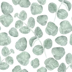 Rolgordijnen Vormen patronen Blue-green Eucalyptus Leaves and Branches Seamless Pattern. Watercolor in Wet in Wet. Hand-drawn botanical illustration  for wallpaper, banner, textile, postcard or wrapping paper  © paintingbetweenbooks