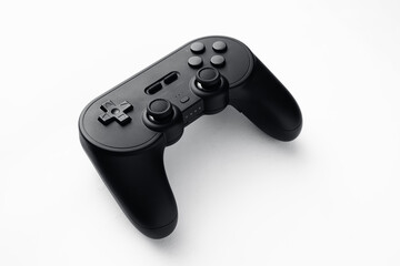 Video game controller, online games. Photo of black wireless joystick isolated over white...