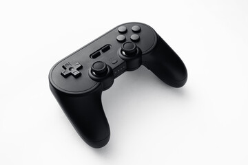 Video game controller, online games. Photo of black wireless joystick isolated over white background. Online and offline games, multiplayer fun, eSports. Black and white, game design. © Pattern_Repeat