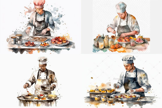 DJ em ação, quatro opções de imagens de um chef preparando comida, vestindo casaco, fundo branco, super realista, em alta resolução gerada por inteligência artificial.