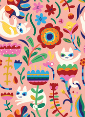 Decorative floral pattern with cute white cats. Vector illustration