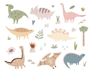 Vector set of cute and funny dinosaurus and botanical elements