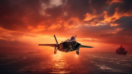 Naklejka na ściany i meble warplane flying with warship on background, red sky, generated ai image
