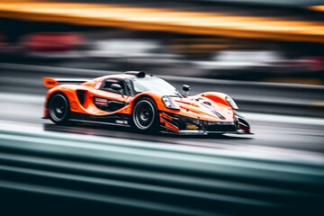 Fototapeta na wymiar Speedy race car zooms on motion-blurred track. Generative AI
