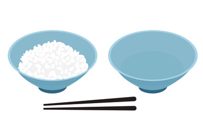 Rice bowl with chopsticks and blue bowl icon sign isolated on white background vector illustration.