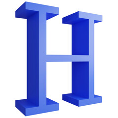 Alphabet_H_side view icon isolated on transparent background, 3D render blue big letters text element clipping path