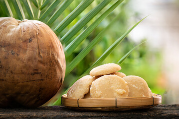 Coconut fruit and coconut sugar on nature background.