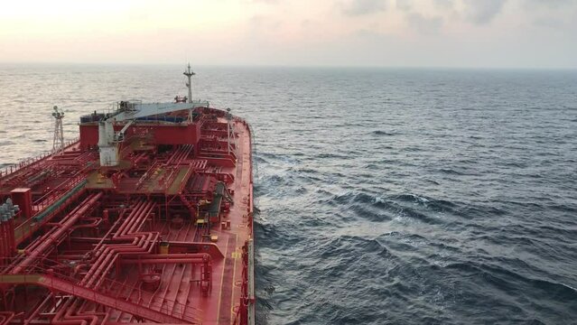 A chemical tanker ship underway at sea, view from the bridge wings