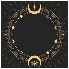 Mystic round frame with lunar phases, tarot magic and astrology border moon decor, vector