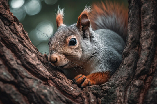 Douglas squirrel in tree. Generative AI illustration