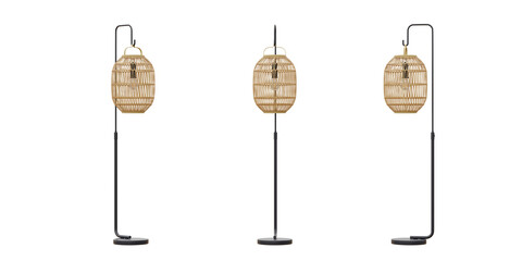 Isolated cutout 3d render of standing floor light with rattan material in lamp shade - obrazy, fototapety, plakaty