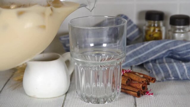 

Agua de cebada, spanish, mexican barley orzo fresca, Barley Horchata de Cebada,  cold summer cocktail with barley water, considered milk and spices