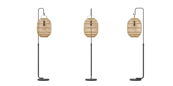 Isolated cutout 3d render of standing floor light with rattan material in lamp shade