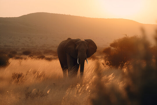 Elephant in the grasslands sunset Africa