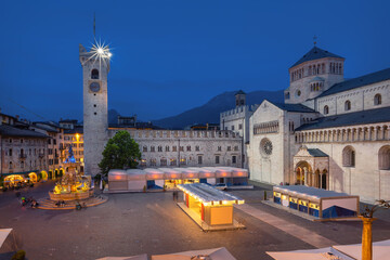 Trento, Italy - View of Piazza del Duomo square with cathedral and Torre Civica tower