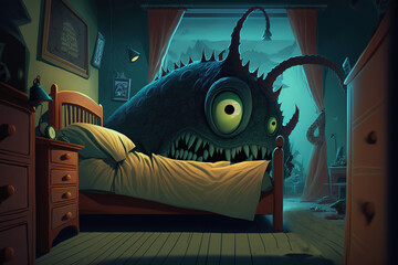 An Illustration of a Frightening Scary Monster Hiding Under the Bed Creating Fear & Nightmares, generative ai