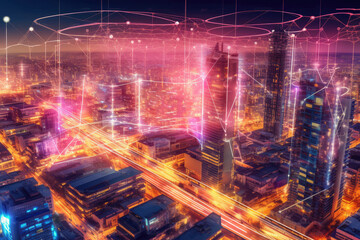 5G network wireless internet Wi-fi connection and internet of things with modern city skyline. Smart city and communication network concept. High speed, broadband telecommunication. Generative AI