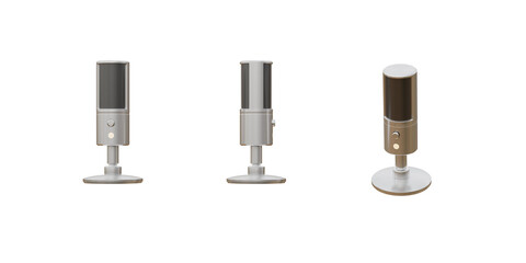 Isolated cutout 3d render of condenser mic for podcast in 3 different view option