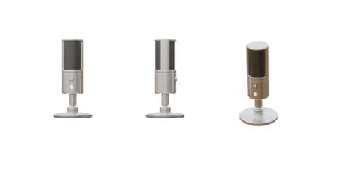 Isolated cutout 3d render of condenser mic for podcast in 3 different view option