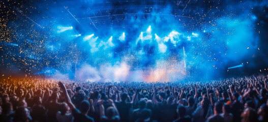 live, rock concert, party, festival night club crowd cheering, stage lights and confetti falling. Cheering crowd. Blue lights. hand edited Generative AI. 