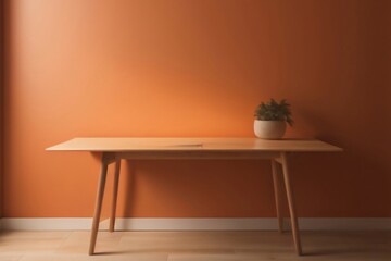 Empty wooden table on bright brown wall background with beautiful shadow on the wall, Empty space for placing text. Minimal earth tone room concept. Generative AI.