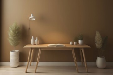Empty wooden table on bright brown wall background with beautiful shadow on the wall, Empty space for placing text. Minimal earth tone room concept. Generative AI.