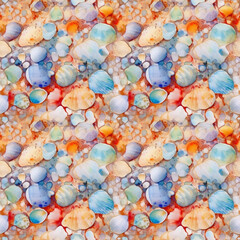 Seamless pattern: watercolor illustration of seashells and pebbles on the sand. generative ai