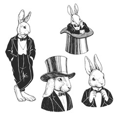 Vector set of hand-drawn illustrations with a white rabbit dressed in a top hat and coat. A collection of sketches with a funny cartoon character in the style of engraving. Gentleman Bunny.