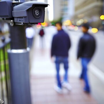 Surveillance Camera Monitor Using Facial Recognition Technology Busy City Street Corner Square Looking Up Out People Population Group Tourists Walking By Posing & Buildings Out of Focus, Generative AI