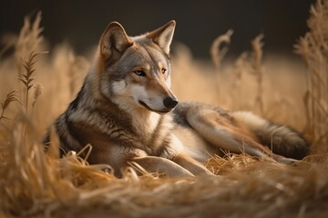 Obraz premium Grey wolf take a rest in wheat field, generative ai