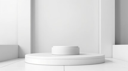 Behold a white minimalist centered display, a uniquely abstract minimal podium for product packages, cosmetics, or presentation shows. A modern stage pedestal platform, crafted by AI
