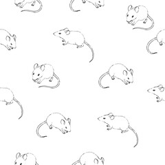 Vector hand-drawn seamless pattern with white mouses isolated on white. Endless texture with cute animals in sketch style.