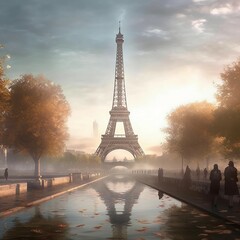 A misty morning view of the Eiffel Tower in Paris.
