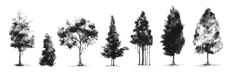 Set of hand drawn halftone trees. Vector design elements.