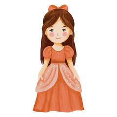 Little princess in a Orange Dress Clip art Element Transparent Background
