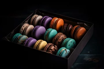Foto op Canvas Assorted macarons in a box on a dark background. Generative AI © Amelia