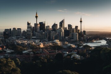 A panoramic view of the Sydney city skyline. Generative AI