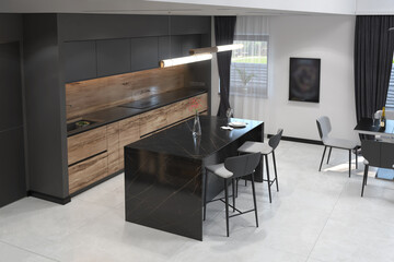 Open plan dining room arranging, matching with kitchen, 3D render