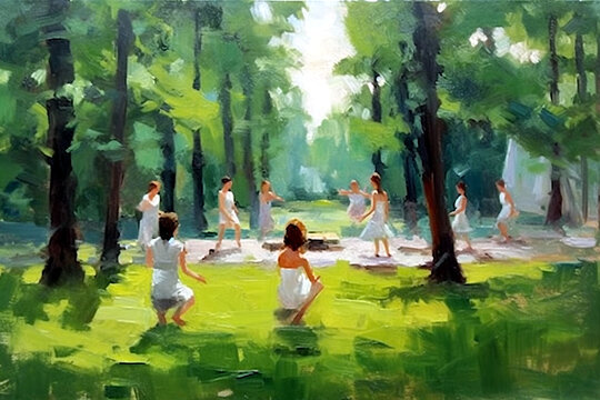 Outdoor yoga classes. Practicing yoga in the park. Painting. Ai illustration, fantasy digital painting, Generative AI