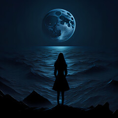silhouette of a person on the moon, moon, night, sky, sea, - obrazy, fototapety, plakaty