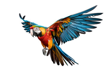 Fototapeta premium Image of beautiful colorful macaw parrot are flying on white background. Wildlife Animals. Bird. Illustration. Generative AI.